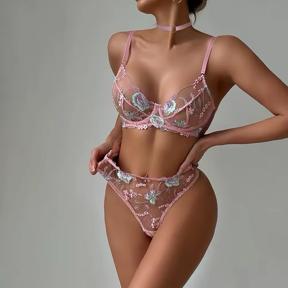 Pink Floral Fairycore Choker Bra + Thong Panty Set